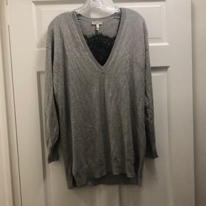 Joie. Relaxed fit gray v-neck sweater with built in black lace cami.